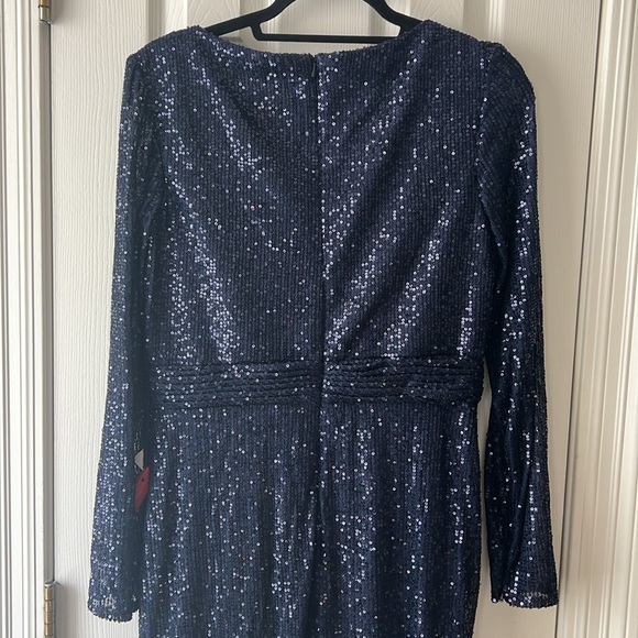 Mac Duggal V-Neck Long Sleeve Sequined Midi Dress in Midnight Navy Size 12 - Picture 12 of 12